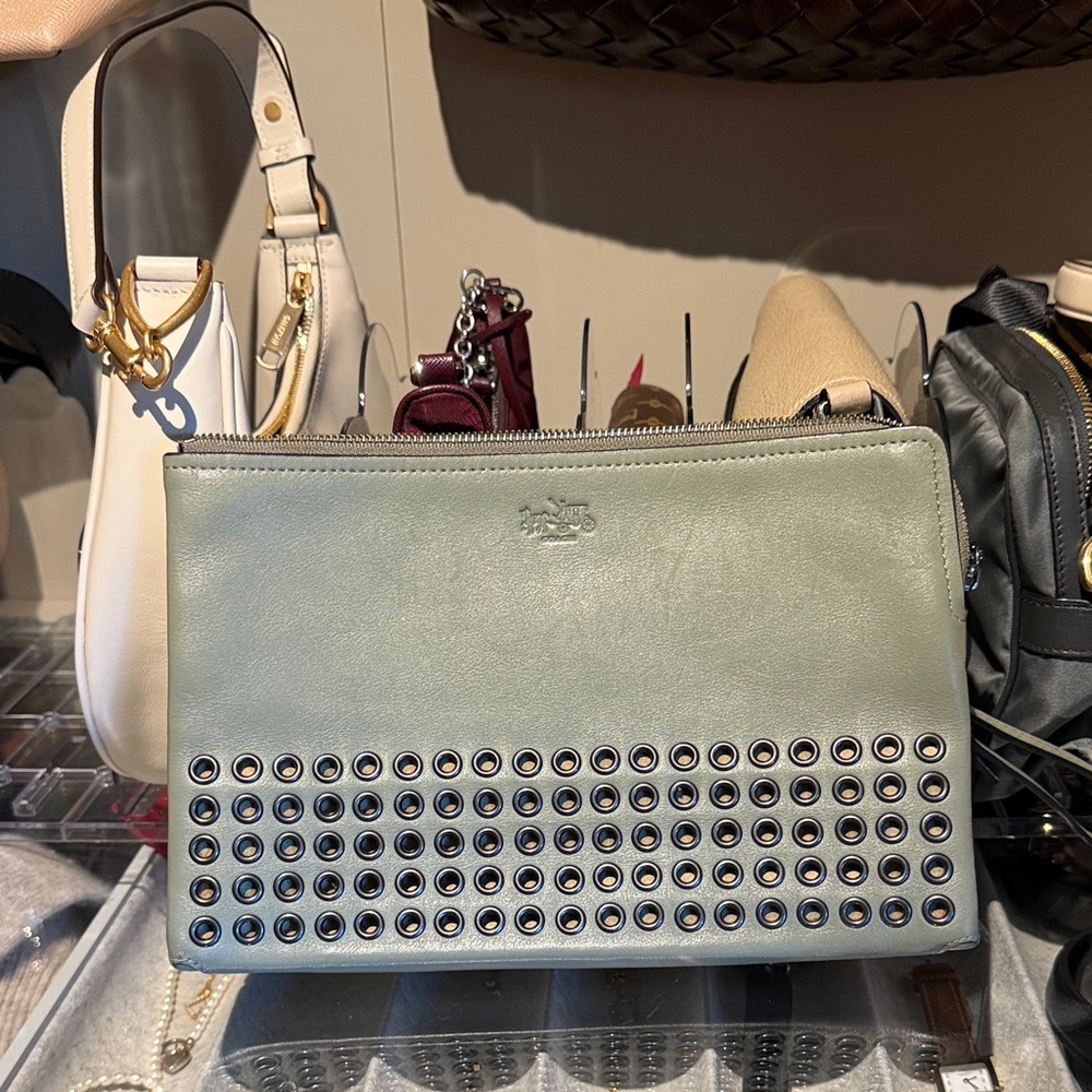 Coach Sage Green Studded Grommets Clutch